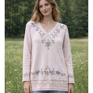 Vintage Floral Embroidered Sweater Women S Pastel Pink Cottage Granny Romantic